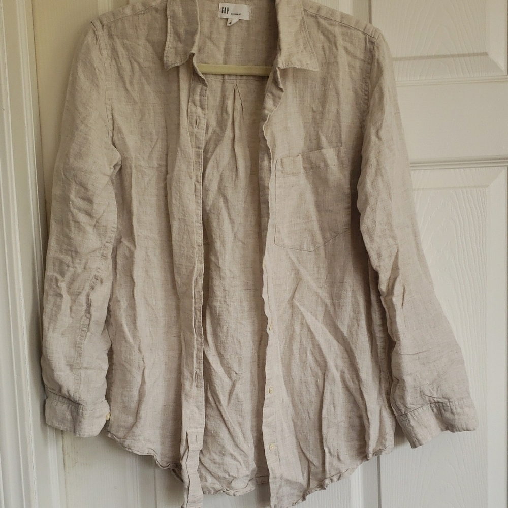 Gap Flax LunenBeige Linen Button-Up Shirt Long Sleeve